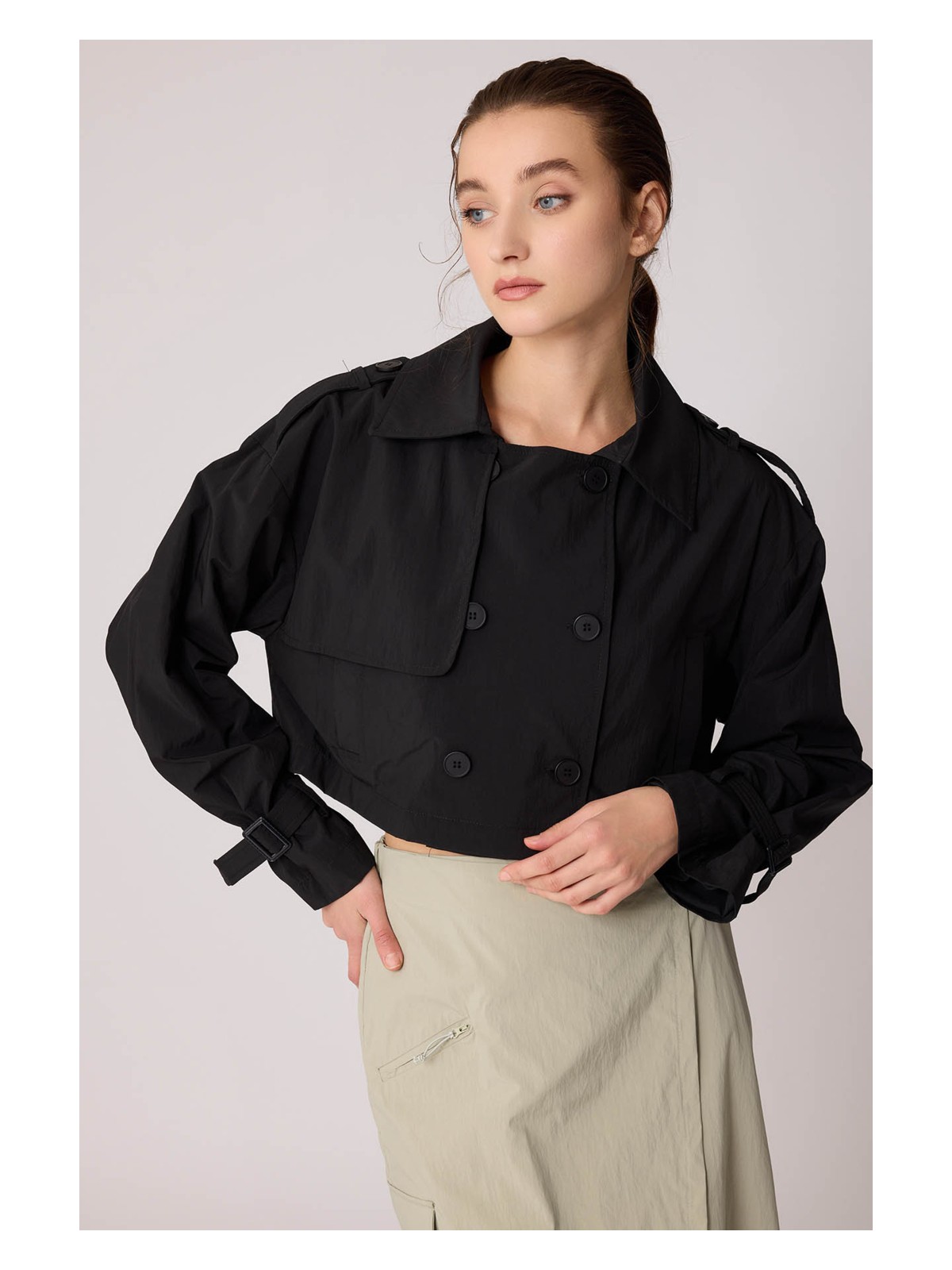 Vitrin Astarlı Önü Düğmeli Crop Trençkot - Görsel 3