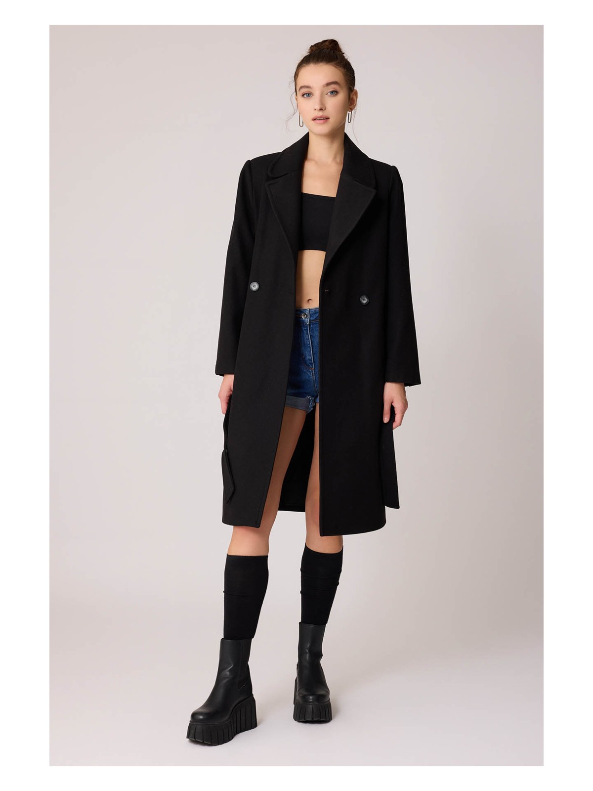 Vitrin Önden Düğmeli Beli Kuşaklı Uzun Kaşe Kaban - Görsel 4