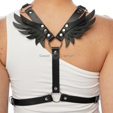 Sweet Demon Kadın Sırt Melek Kanatlı Kemer Önden Bağlamalı Siyah Deri Kemer Aksesuar, Konser Giyim, Gotik Giyim