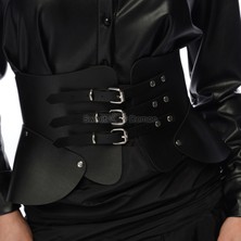 Sweet Demon Kadın Elbise ve Ceket Üzeri Üç Tokalı Önden Bağlantılı Deri Korse Kemer Aksesuar Siyah Gotik Giyim
