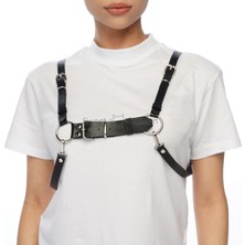 Sweet Demon Omuzdan Askılı ve Ayarlanabilir Göğüs Üzeri Bağlantılı Metal Halka Detaylı Şık Deri Kemer Aksesuar Siyah, Gotik Tarz, Metal Giyim