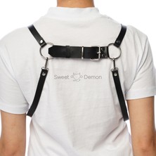 Sweet Demon Omuzdan Askılı ve Ayarlanabilir Göğüs Üzeri Bağlantılı Metal Halka Detaylı Şık Deri Kemer Aksesuar Siyah, Gotik Tarz, Metal Giyim