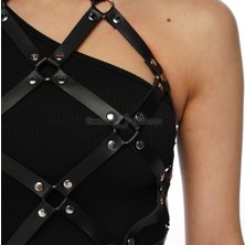 Sweet Demon Boyun Askılı ve Bel Bağlantılı Baklava Desen Detaylı Tarz Deri Üst Vücut Kemeri Siyah, Gotik Tarz, Metal Giyim