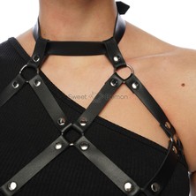 Sweet Demon Boyun Askılı ve Bel Bağlantılı Baklava Desen Detaylı Tarz Deri Üst Vücut Kemeri Siyah, Gotik Tarz, Metal Giyim