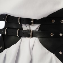Sweet Demon Elbise Üzeri Çift Tokalı Ayarlanabilen Ön Ya Da Arkadan Bağlantılı Şık Deri Bel Korse Kemer Siyah, Gotik Giyim, Metal Giyim