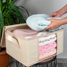 Nacarev 4 Adet Küçük Boy Pencereli Çizgi Desen Baskılı Krem Dolap Içi Baza Altı Valiz Içi Düzenleyici Hurç Seti 40X30X20 cm