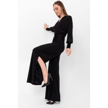 Laranor Siyah Yarasa Kol Kruvaze Yaka Yırtmaç Detaylı Tulum Uzun Kol Kadın 36 Rahat Kesim