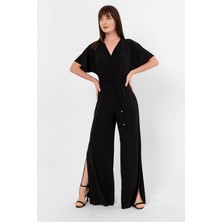 Laranor Kruvaze Kesim Düşük Kol Yırtmaç Detaylı Tulum 36 - Siyah