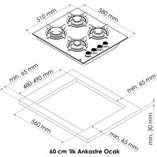 Gl General Bask 60 cm 4 Göz Inox Cam Ankastre Ocak Döküm Siyah