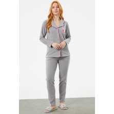Sementa Gömlek Yaka Düğmeli Polar Pijama Takım - Gri