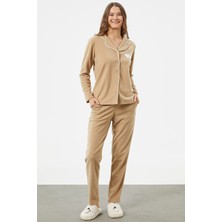 Sementa Gömlek Yaka Düğmeli Polar Pijama Takım - Kamel