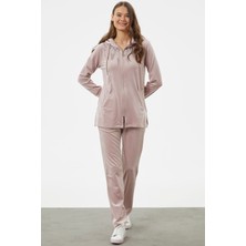 Tam Fermuarlı Kadife Taşlı Eşofman Takım - Açık Pembe