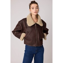 Vitrin Çift Cep Deri Kürklü Biker Ceket