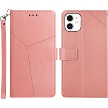 Forestl Digital Apple iPhone 12 Mini Telefon Kılıfı Y Şeklinde Çizgi Baskı Dokusu Pu Deri Şık Cüzdan Kabuk Stand Kapağı 5.4 Inç-Pembe (Yurt Dışından)