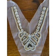 Gönülden Tasarım Beyaz Tül Taşlı Boncuk Işleme Yaka Elbise Yaka Dikiş Yaka Aksesuarı