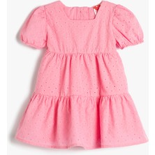 Koton Elbise Fisto Işlemeli Balon Kollu Kare Yaka Pamuklu