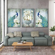 AR AJANS KANVAS TABLO Turkuaz Mavi Tavus Kuşu Beyaz Çiçekler Antika Saksı Dekor Üçlü Kombin 3 Lü Set Kanvas Tablo ART00131
