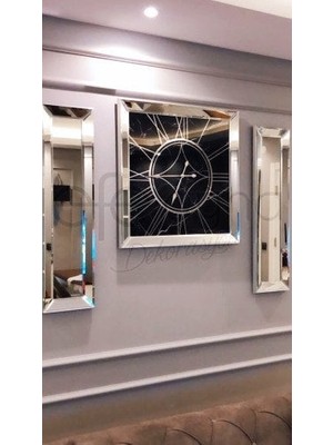Efe Ayna Dekorasyon Mermer- 3'lü Siyah Ayna Duvar Saati ve Yan Ayna Seti
