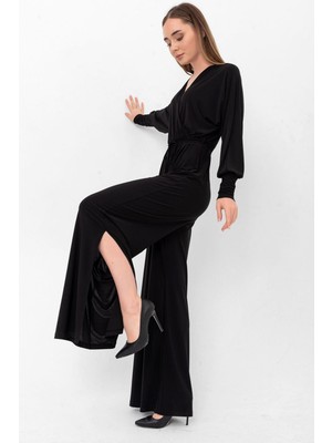 Laranor Siyah Yarasa Kol Kruvaze Yaka Yırtmaç Detaylı Tulum Uzun Kol Kadın 36 Rahat Kesim