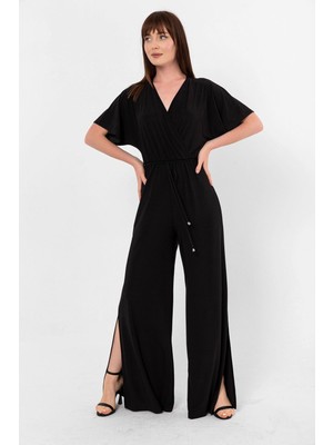 Laranor Kruvaze Kesim Düşük Kol Yırtmaç Detaylı Tulum 36 - Siyah