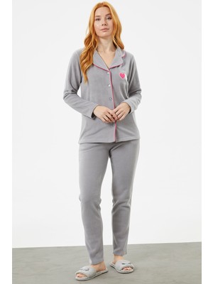 Sementa Gömlek Yaka Düğmeli Polar Pijama Takım - Gri