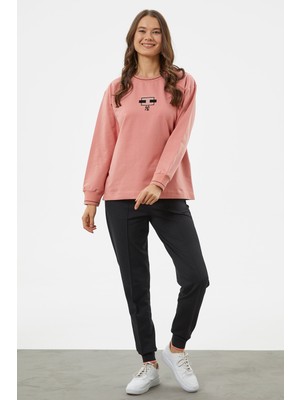 Nakış Detaylı Oversize Eşofman Takım - Pembe