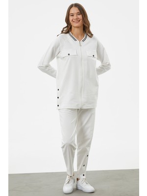 Örme Yaka Fermuarlı Tunik Eşofman Takım - Ekru