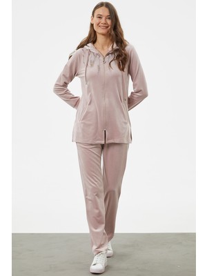 Tam Fermuarlı Kadife Taşlı Eşofman Takım - Açık Pembe