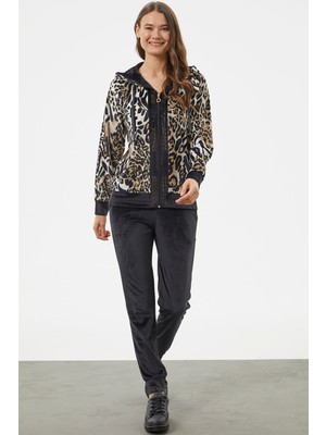 Kadife Leopar Desenli Eşofman Takım - Vizon