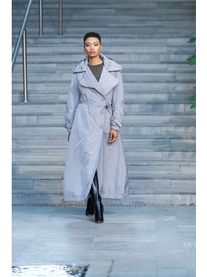 Misswhence Kruvaze Yaka Bağlama Detaylı Gri Kadın Pardösü 23234515