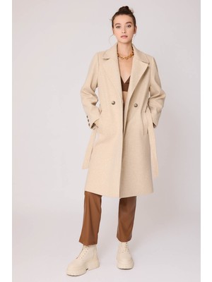 Vitrin Önden Düğmeli Beli Kuşaklı Uzun Kaşe Kaban