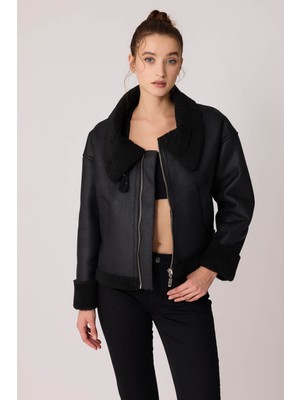 Vitrin Çift Cepli Içi Kürklü Deri Biker Ceket