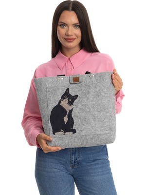 DileKolay Baskılı Keçe Çanta - Pet Serisi - Kedi Desenli Omuz Çantası - 40 x 33CM