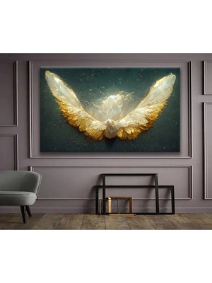 AR AJANS KANVAS TABLO Dekoratif Sürrealist Tasarım Altın Kanatlı Beyaz Güvercin Kanvas Tablo DR54