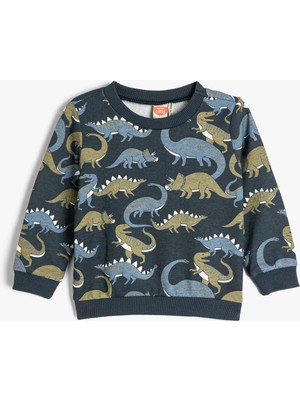 Koton Dinozorlu Sweatshirt Bisiklet Yaka Uzun Kollu Şardonlu