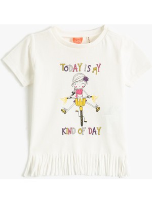 Koton Kısa Kollu Püsküllü Tişört Bisiklet Yaka Baskılı