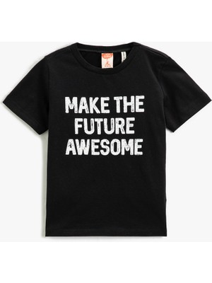 Koton Erkek Çocuk Kısa Kollu Baskılı Tişört Bisiklet Yaka Trend Siyah Renk