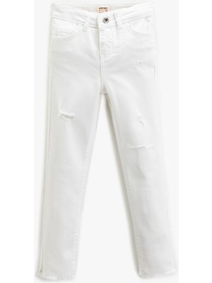 Koton Kot Pantolon Destroylu Pamuklu Cepli - Slim Jean Beli Ayarlanabilir Lastikli