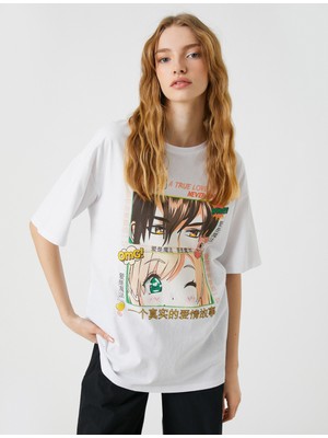 Koton Anime Tişört Oversize Baskılı Kısa Kollu Bisiklet Yaka