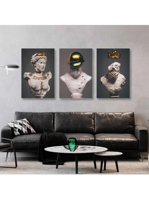 AR AJANS KANVAS TABLO Gold Detaylı Beyaz Mermer Heykeller Modern Dekor Üçlü Kombin 3 Lü Set Kanvas Tablo ART0060