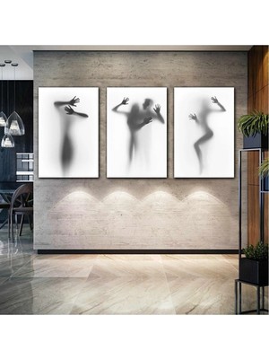 AR AJANS KANVAS TABLO Perde Arkasındaki Nü Kadın Gölgesi Dekor Üçlü Kombin 3 Lü Set Kanvas Tablo ART00132
