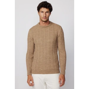 Bisiklet Yaka Saç Örgü Desenli Vizon Erkek Kazak