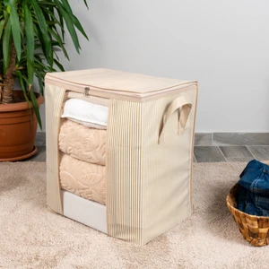 Pencereli Çizgi Desen Baskılı Krem Yastık Pike Battaniye Düzenleyici Hurç 45X30X50 cm