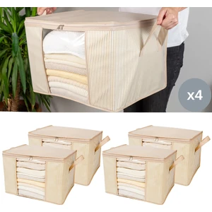 4 Adet Orta Boy Pencereli Çizgi Desen Baskılı Krem Dolap içi Kıyafet Düzenleyici Hurç Seti 45X40X30 cm
