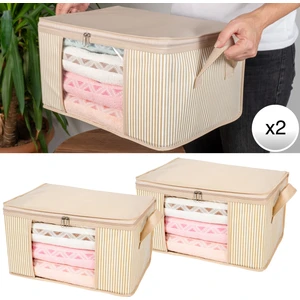 2 Adet Küçük Boy Pencereli Çizgi Desen Baskılı Krem Dolap Içi Baza Altı Valiz Içi Düzenleyici Hurç Seti 40X30X20 cm