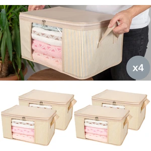 4 Adet Küçük Boy Pencereli Çizgi Desen Baskılı Krem Dolap Içi Baza Altı Valiz Içi Düzenleyici Hurç Seti 40X30X20 cm