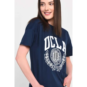AVALON Lacivert Oversize Bisiklet Yaka Baskılı Kadın T-shirt