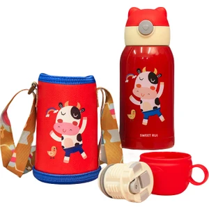 Sweet Ruı 500ML Çift Kapaklı ve Pipetli Karikatür Paslanmaz Çelik Termos Bardak (Yurt Dışından)