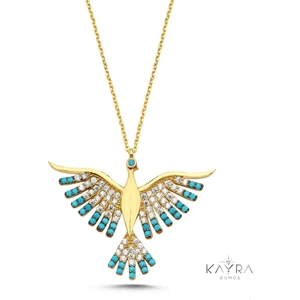 Kayra Mücevher Mavi Taşlı Anka Kuşu Altın Kaplama Kolye GM90