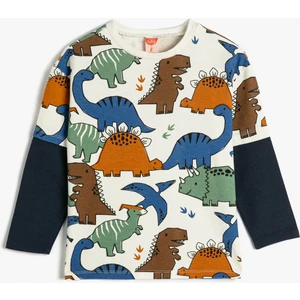 Dinozorlu Sweatshirt Bisiklet Yaka Uzun Kollu Renk Bloklu Pamuklu